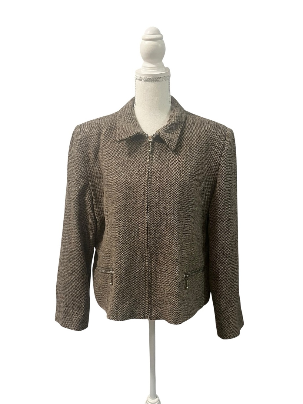 J. London Vintage 100% Wool Brown Tweed Full Zip Jacket Blazer Pockets Size 16